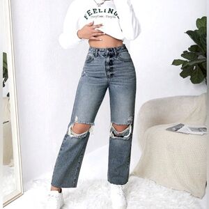 Blue Straight Leg Jeans with Distressed Details Size: Small